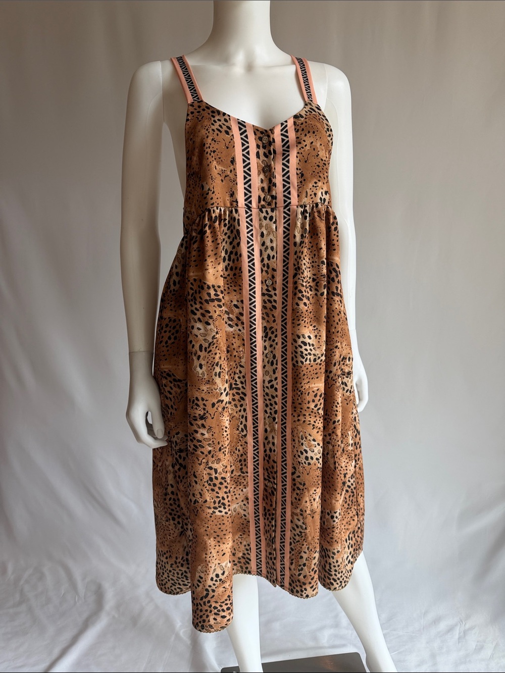 Agua Bendita  Brown Animal Print Midi Dress with Pink Trim